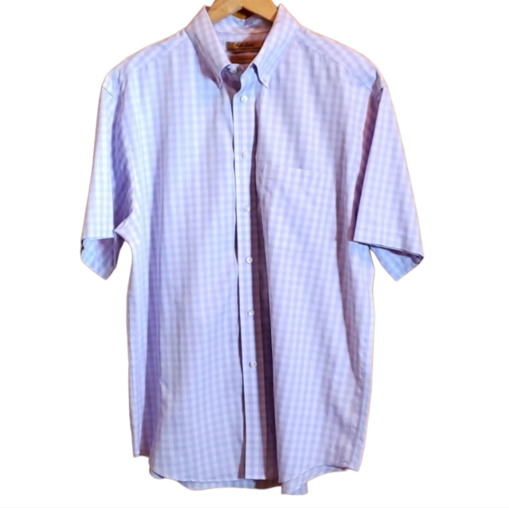 ROUNDTREE & YORKE GOLD LABEL L PURPLE & WHITE PLAID SHORTSLEEVE SHIRT